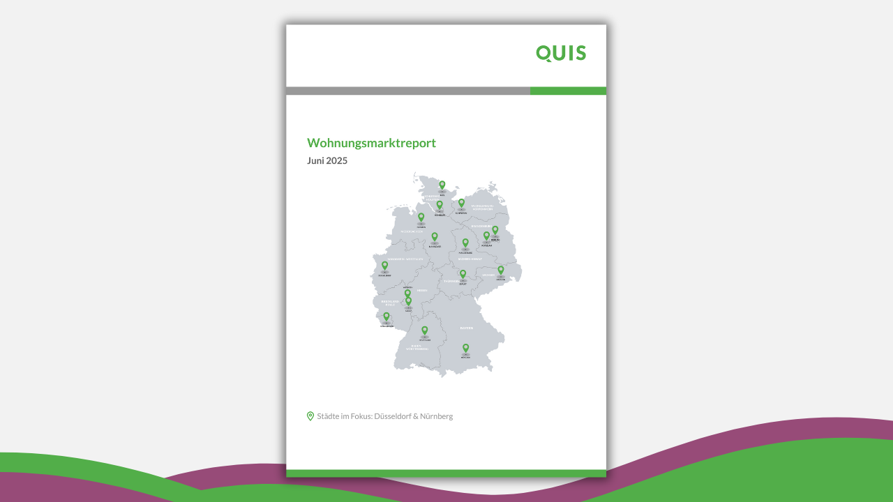 Titelbild des Wohnungsmarktreports Juni 2025 mit Deutschlandkarte und markierten Städten, Fokus auf Düsseldorf und Nürnberg.